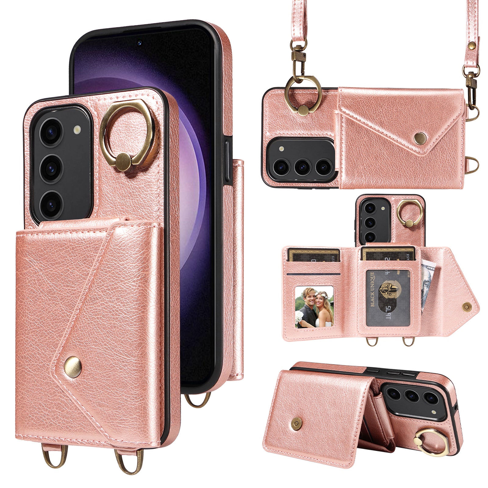 002 Protective Shell for Samsung Galaxy S23 Ring Kickstand Litchi Texture Leather TPU Card Bag Phone Case with Shoulder Strap 002 Protective Shell for Samsung Galaxy S23 Ring Kickstand Litchi Texture Leather TPU Card Bag Phone Case with Shoulder Strap